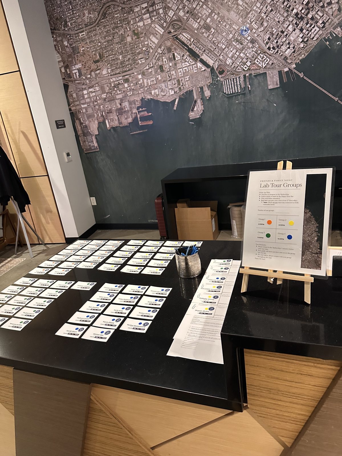 Guest name badges and Lab Tour Groups sign