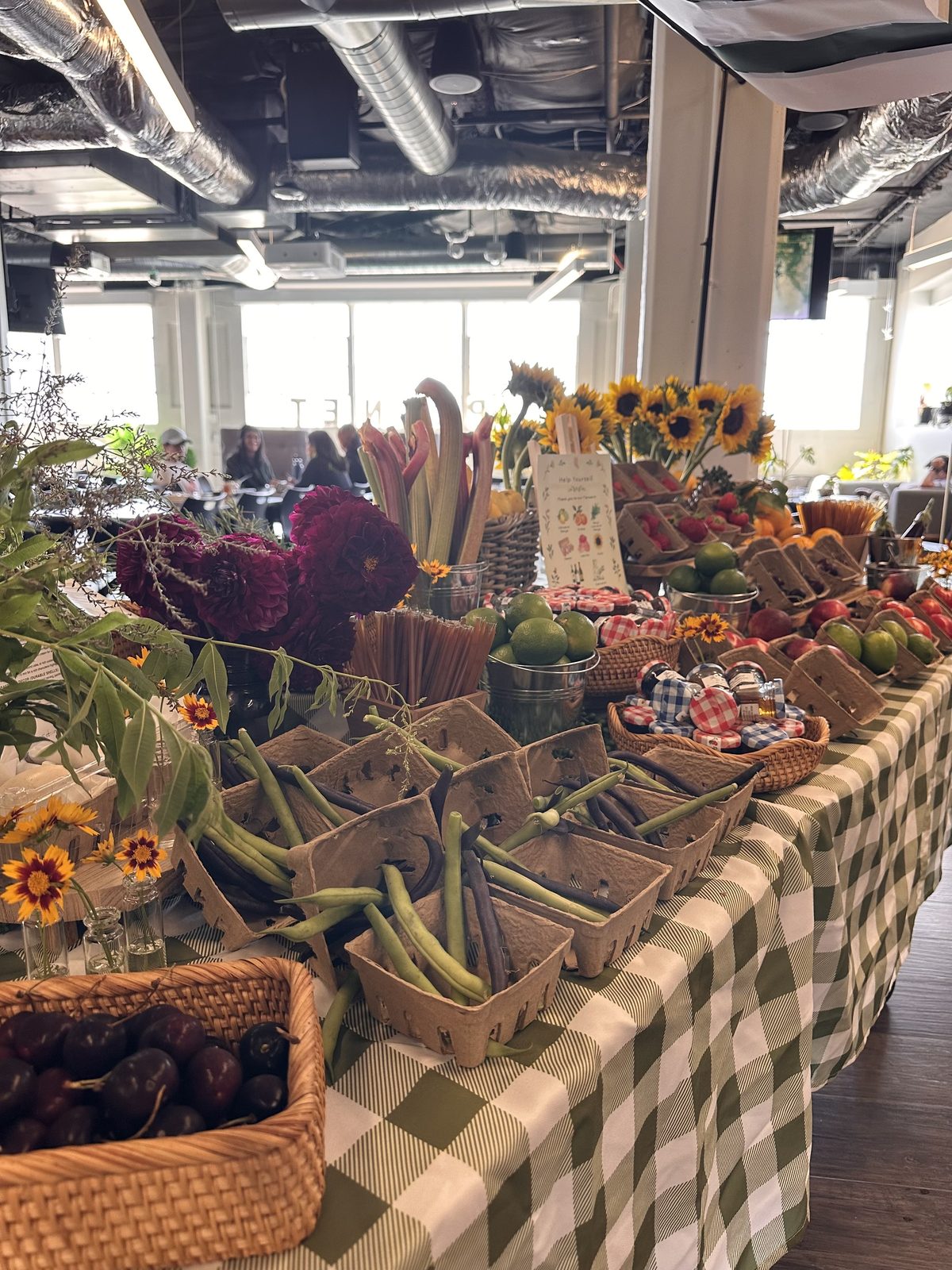 Dahlias, rhubarb, and green beans on the table
