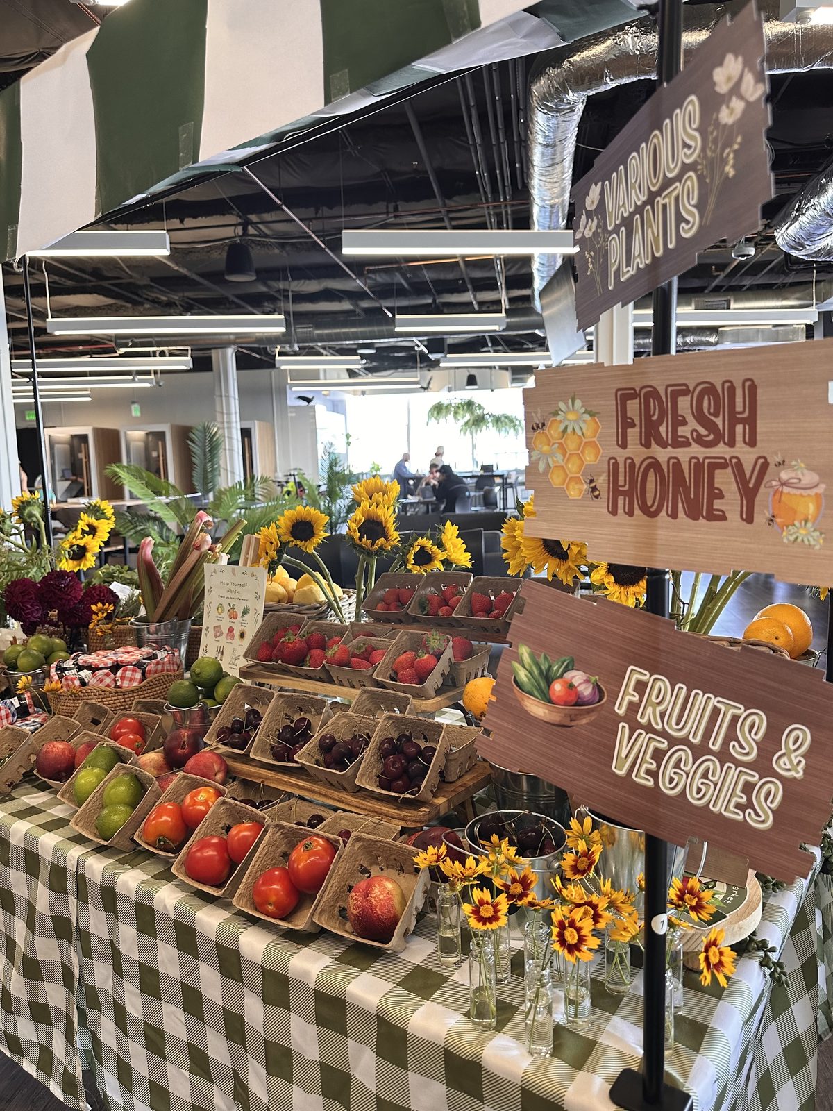 Various Plants, Fresh Honey, and Fruits & Veggies signage