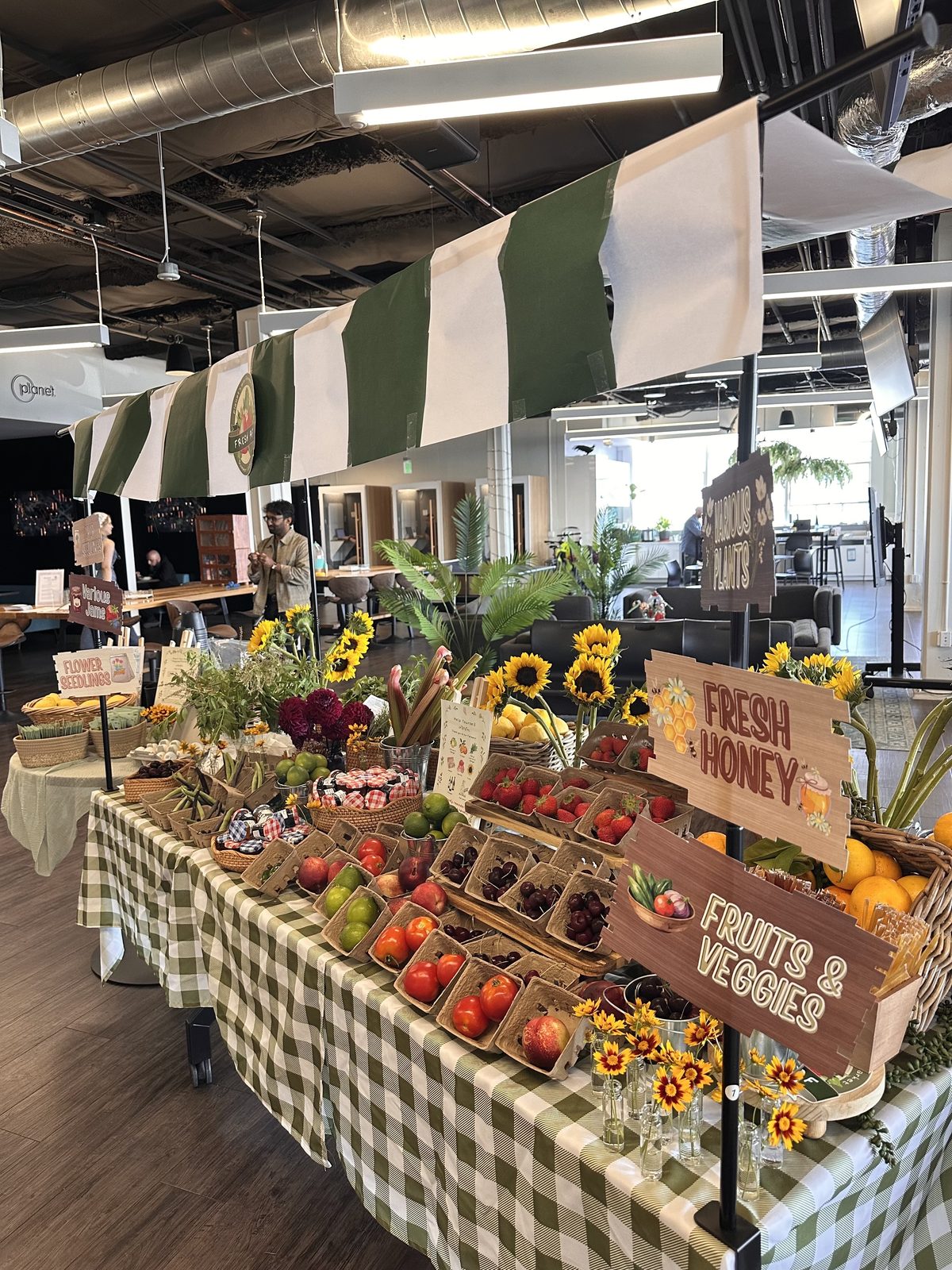 Market stall overview with signage