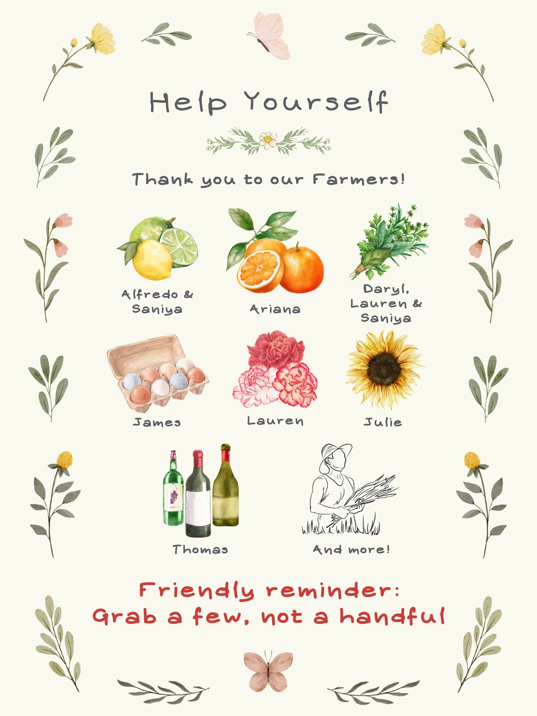 Help Yourself sign graphic, farmer credits