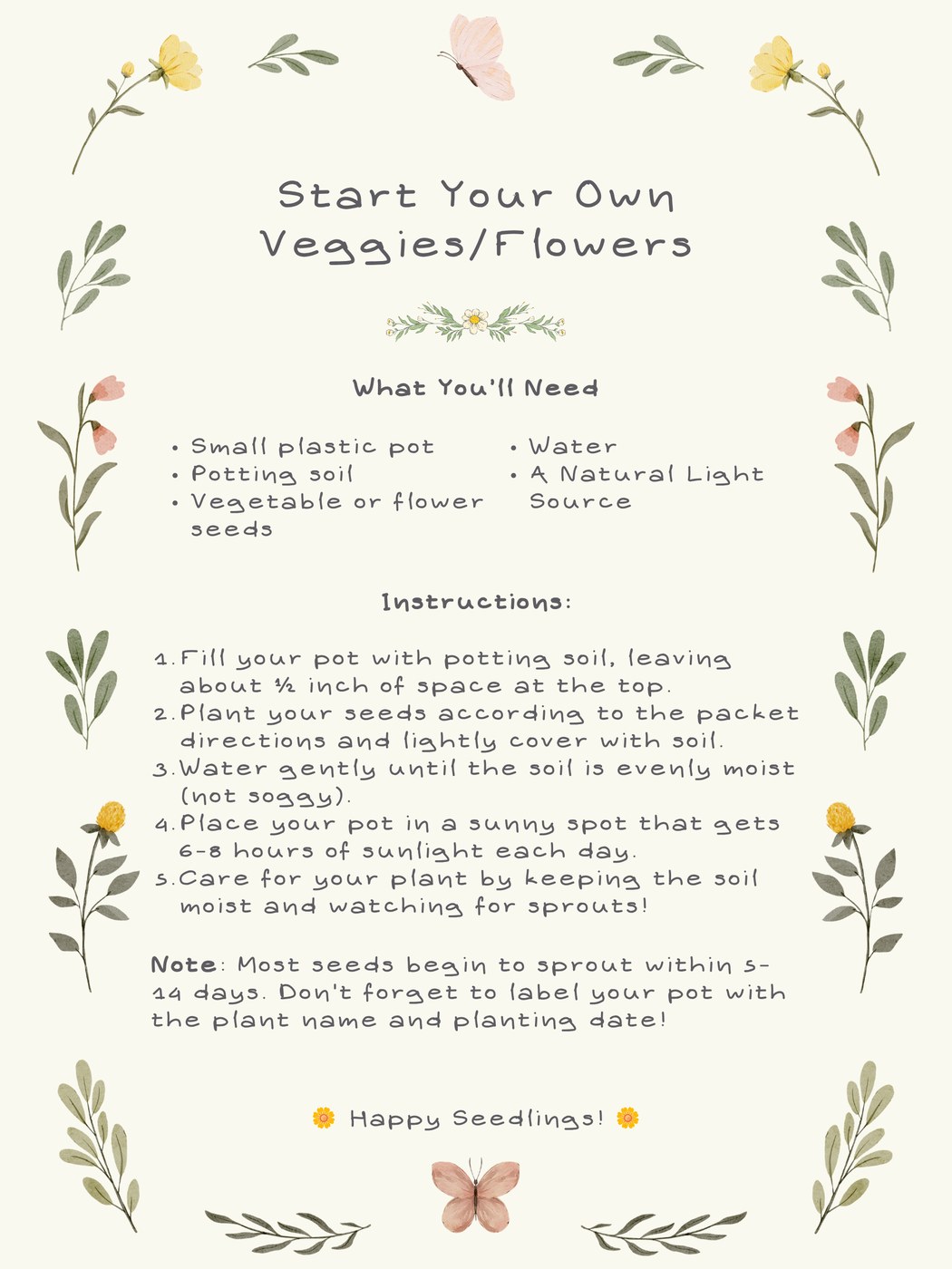 Start Your Own Veggies/Flowers instructions