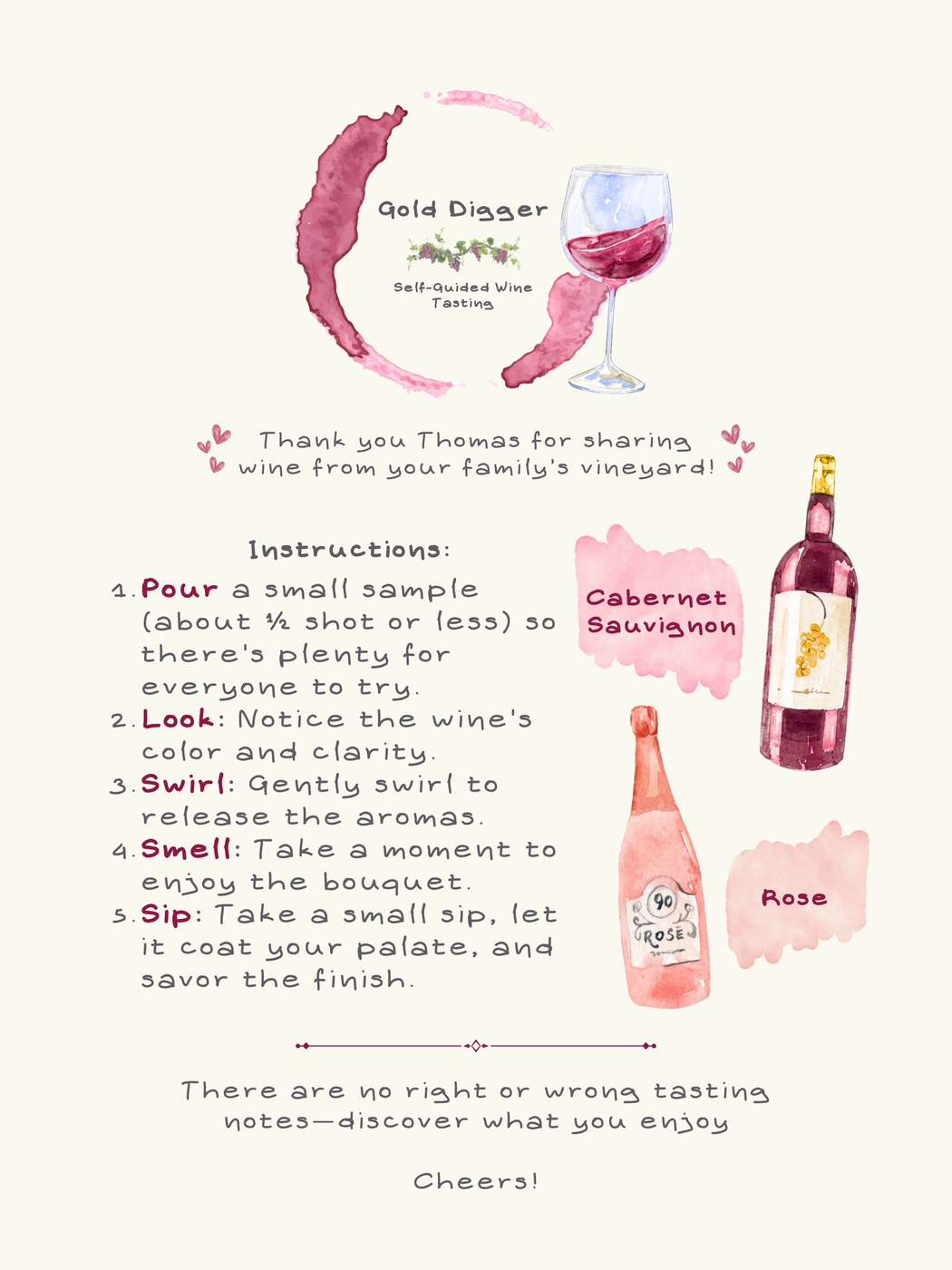 Gold Digger self-guided wine tasting instructions