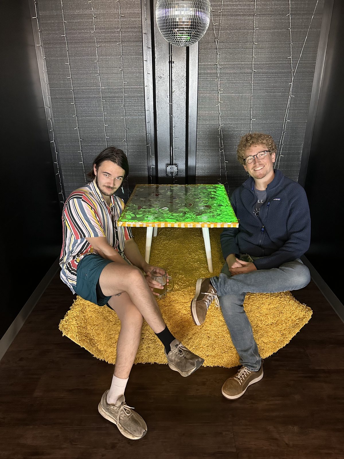 Sam Phillips and Arthur Descamps with a mixed-media table piece