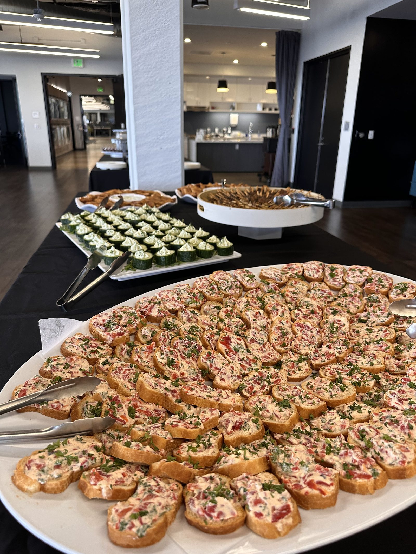 Caprese Crostini, Cucumber Bites, and Satay Skewers Spread