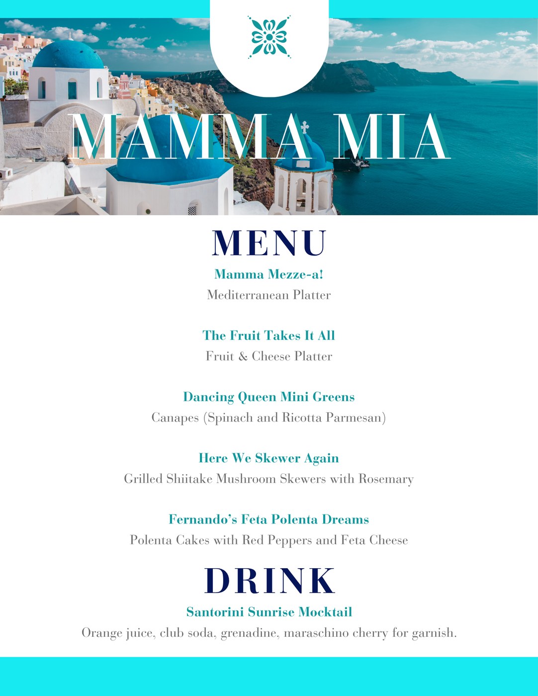 Mamma Mia menu card