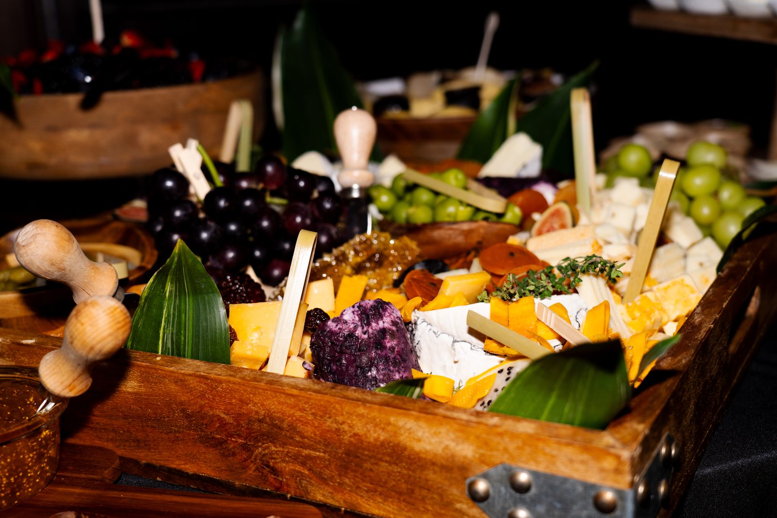 Close-up of the cheese and fruit board