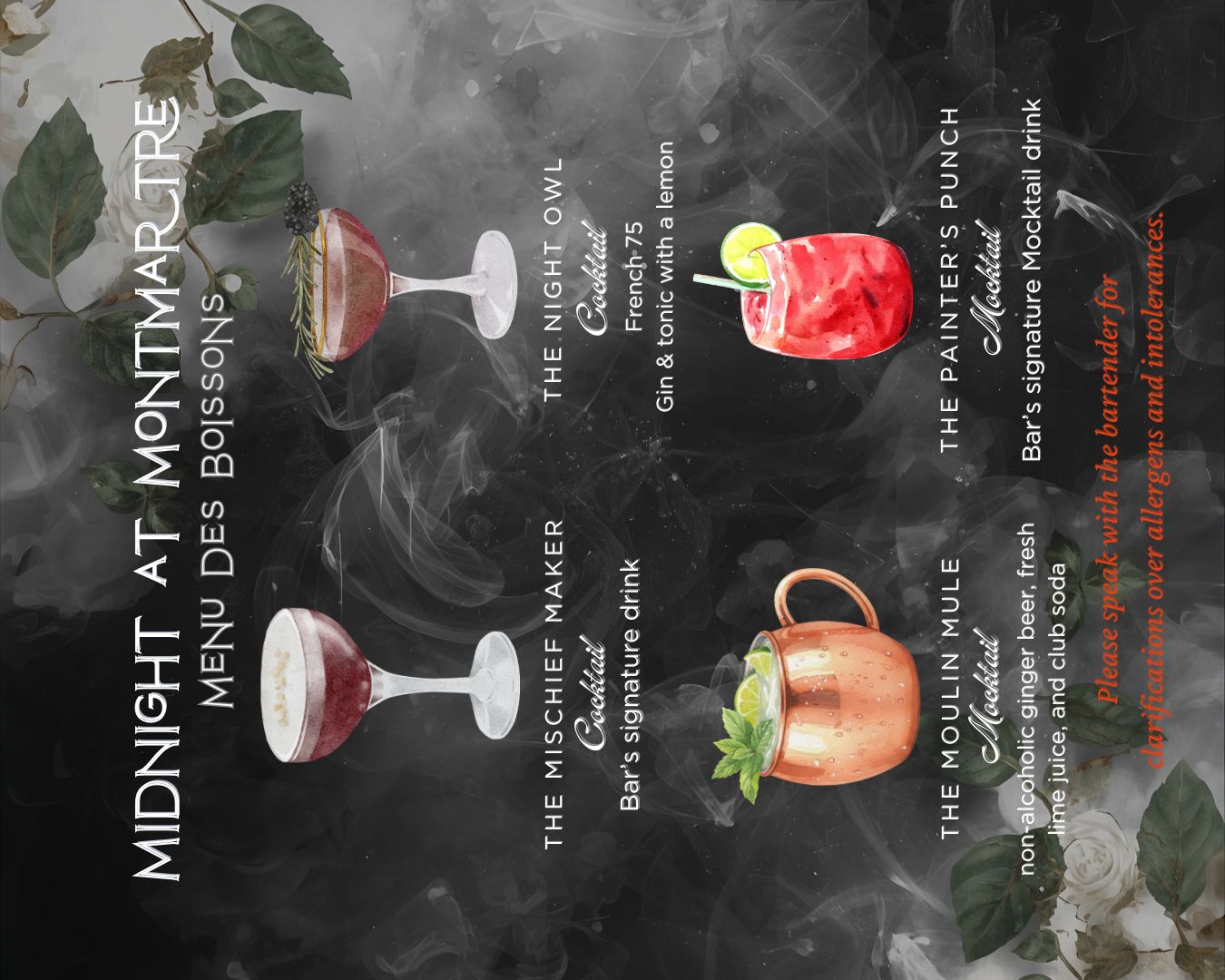 Menu des Boissons cocktail and mocktail menu