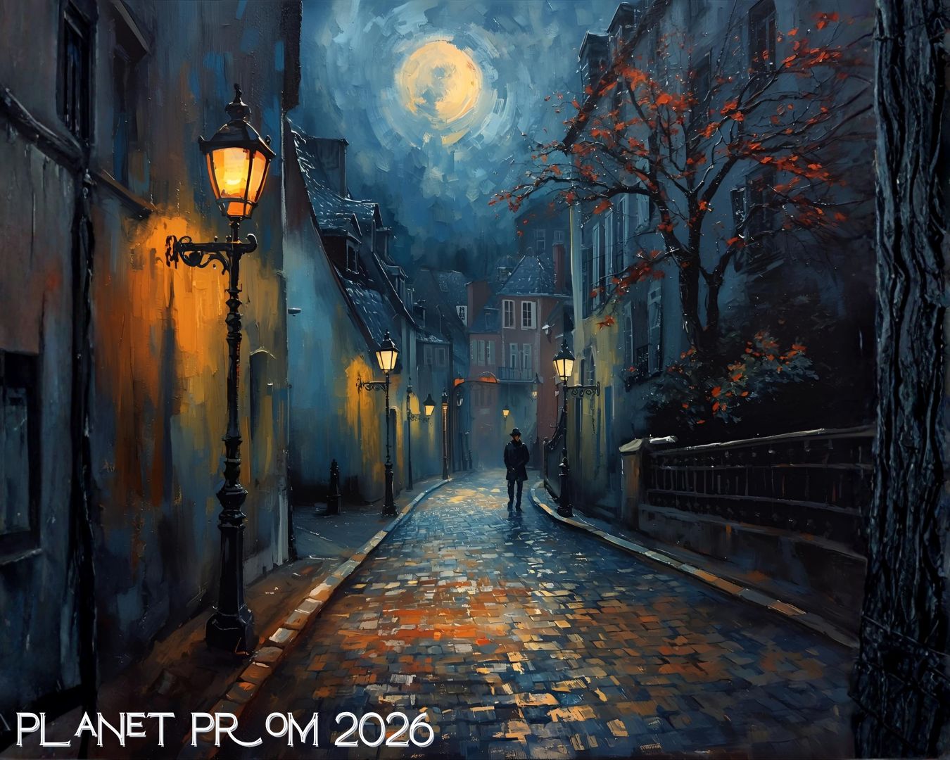 Moonlit cobblestone alley painting display