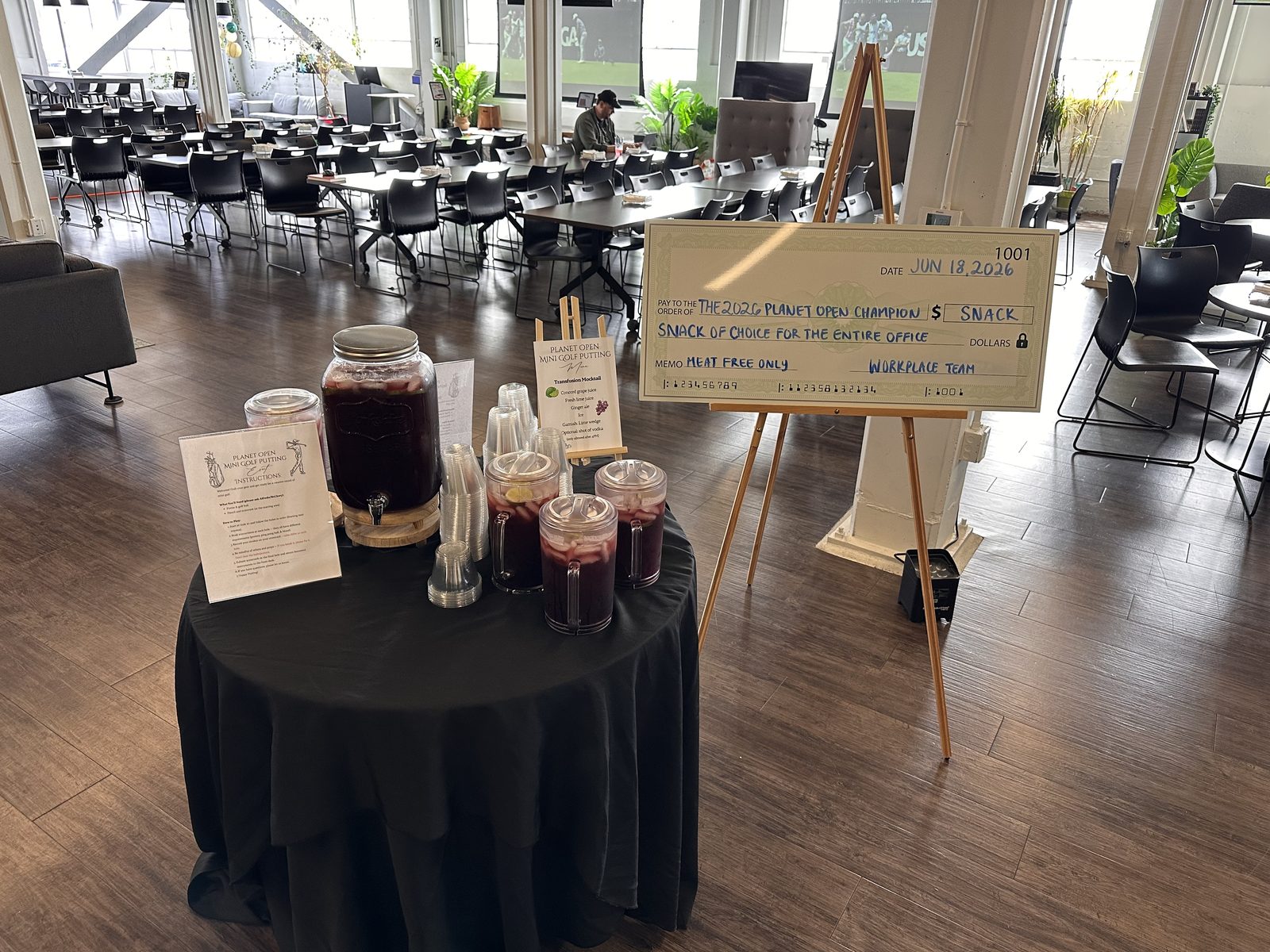 Winner's check and Transfusion Mocktail station