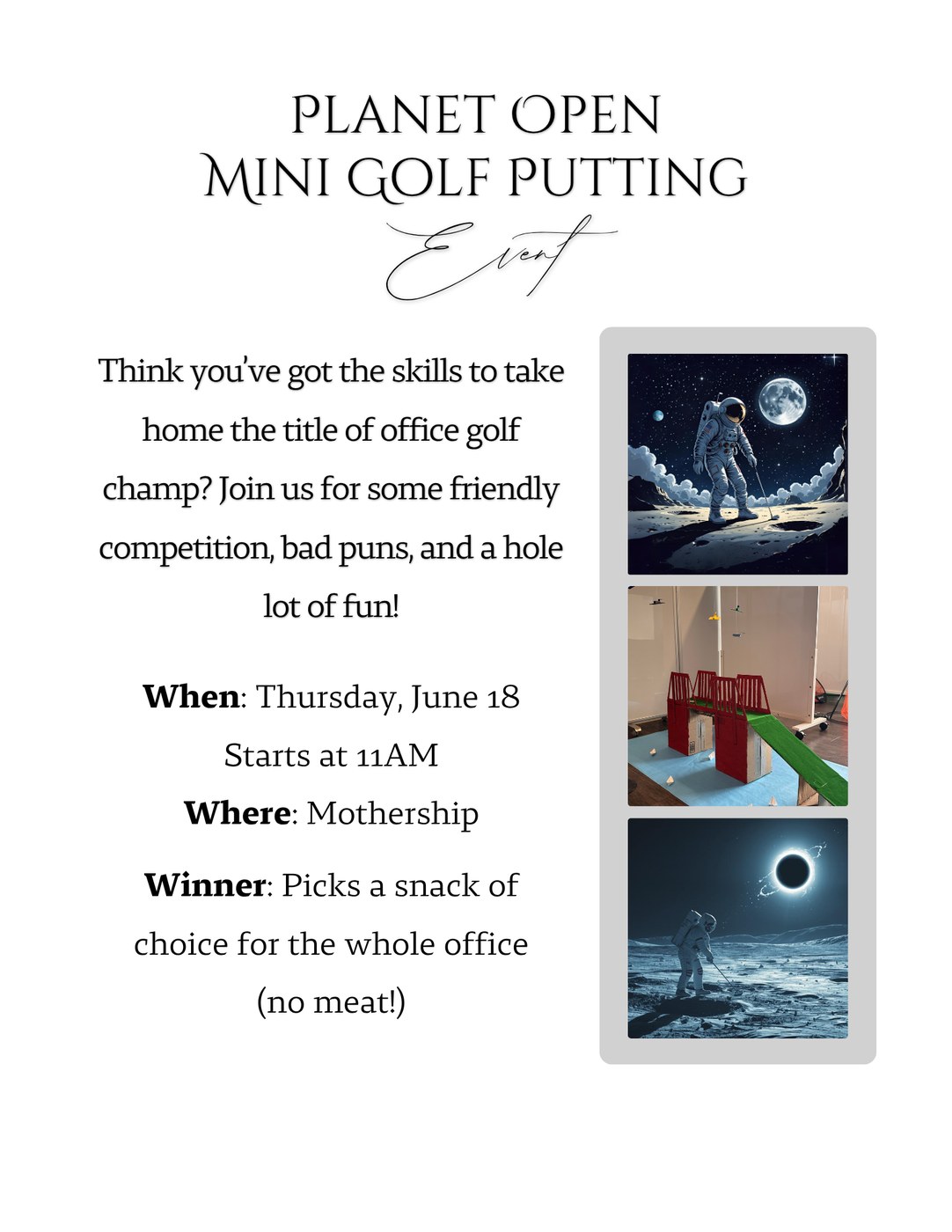 Planet Open Mini Golf Putting Event flyer