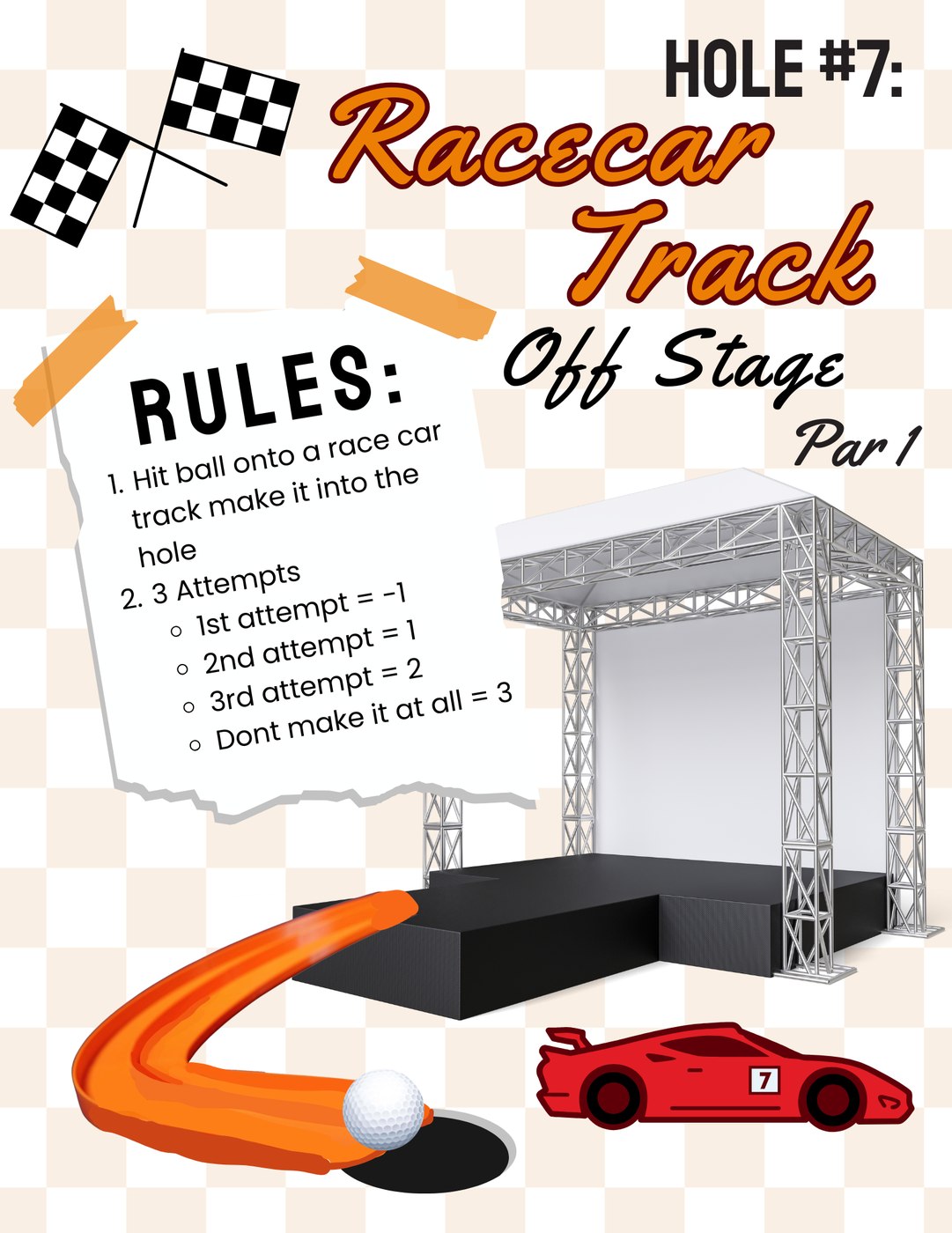 Hole #7: Racecar Track Off Stage rules card